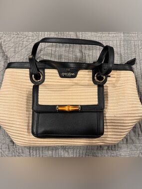 ☀️ Spartina 449 Woven Straw & Leather Bamboo Accent Tote Bag